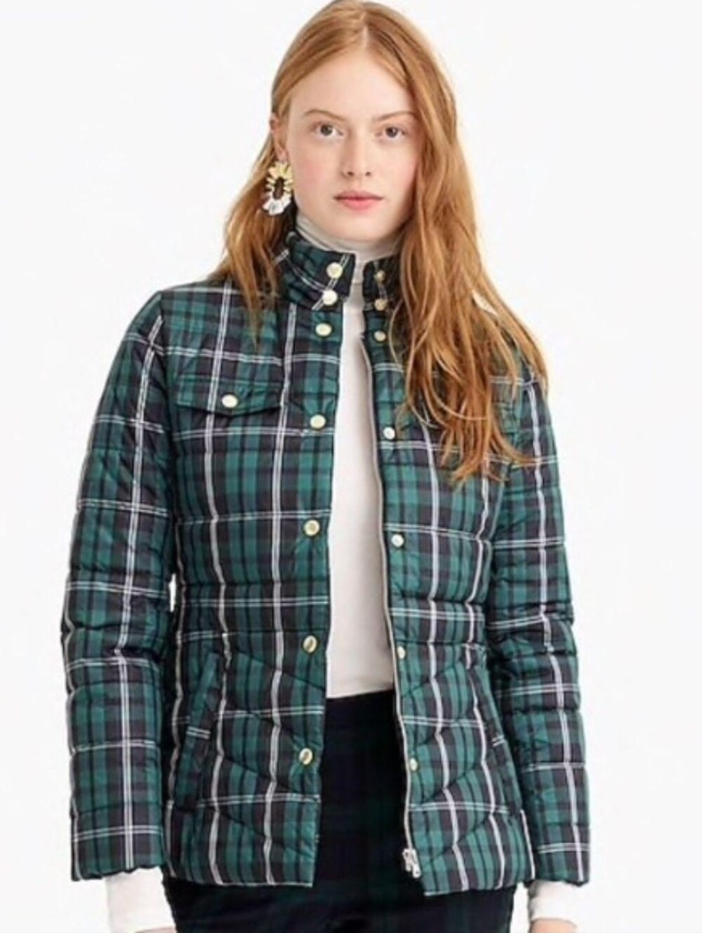 J. Crew | Green Tartan Plaid Belted Puffer Coat Size Large